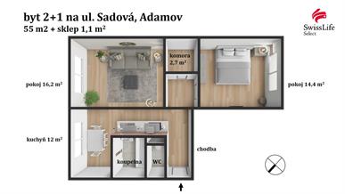 Prodej bytu 2+1 55 m2 Sadová, Adamov